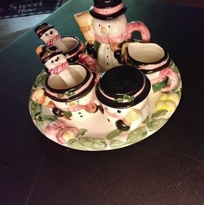 Snowman Ceramic Tea Set with Pink and Black Accents